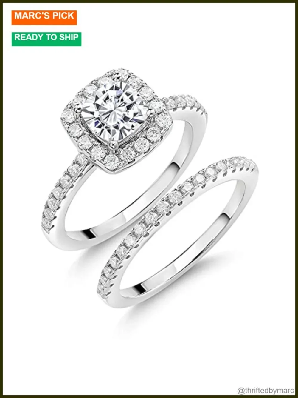 925 Sterling Silver Halo Bridal Set Ring Cushion Cut Moissanite